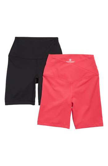 Shop 90 Degree By Reflex 2-pack Lux Crossover High Waist Bike Shorts In Bright Rose/black