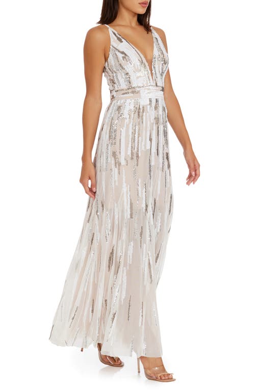 Shop Dress The Population Samira Sequin Embellished Gown In White/silver