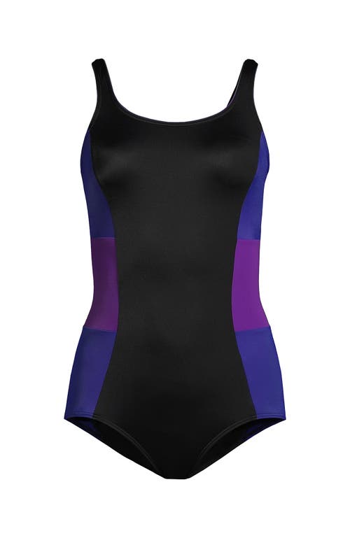 Shop Lands' End Plus Size Chlorine Resistant Soft Cup Tugless Sporty One Piece Swimsuit In Black/purple Grape