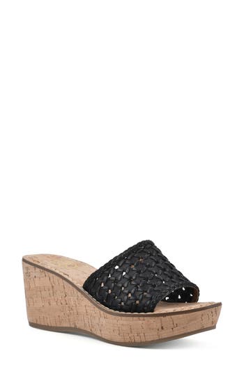 Shop White Mountain Footwear Charges Cork Wedge Sandal In Black/burn/smooth