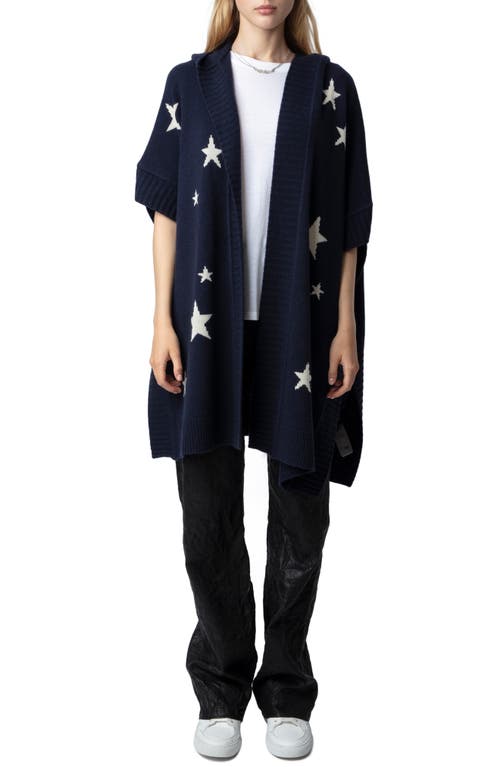 Zadig & Voltaire Inna Intarsia Star Cashmere Open Front Hooded Poncho Cardigan in Encre