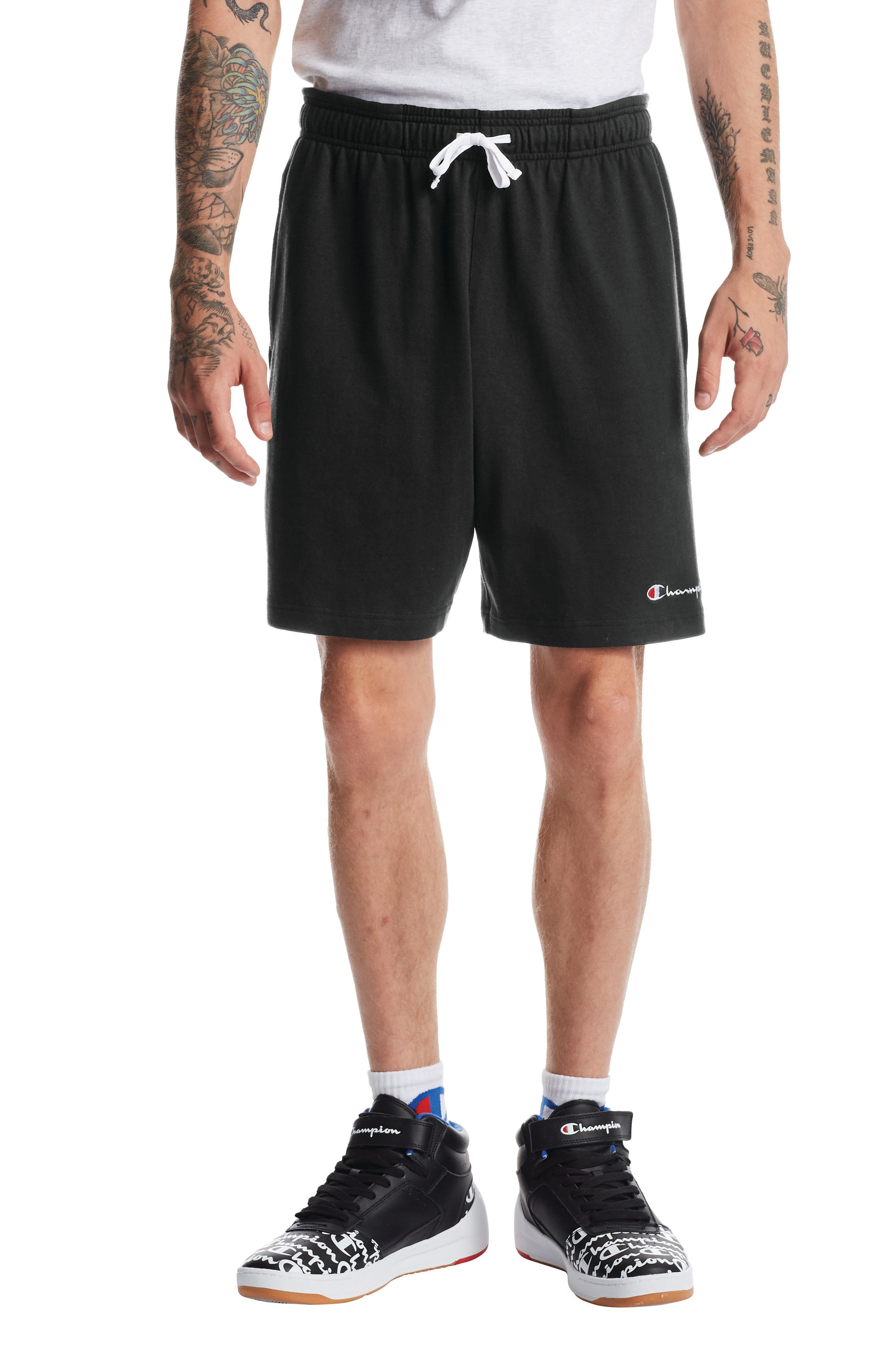 champion small script jersey active shorts