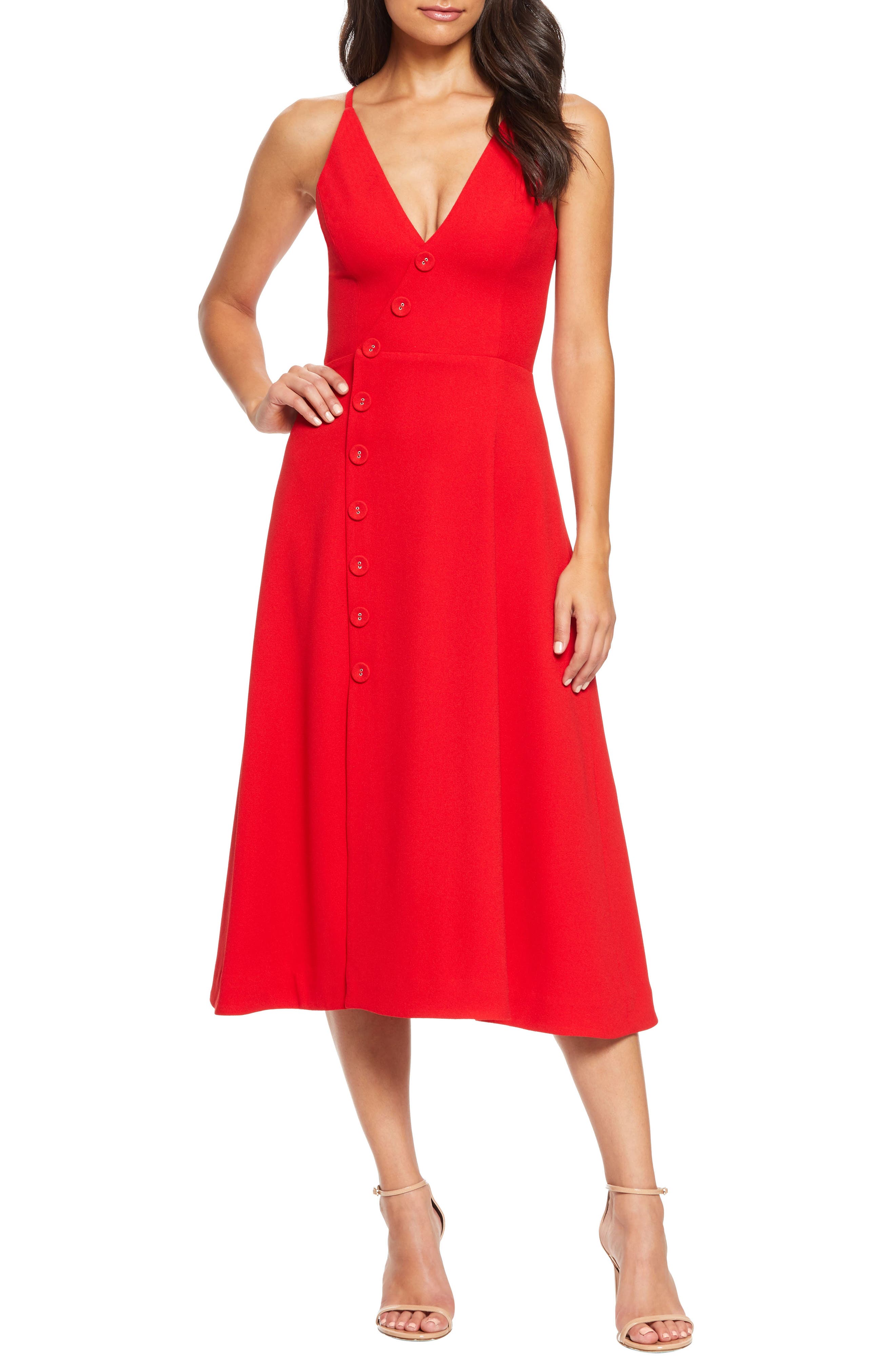 Dress The Population Emily Asymmetrical Front Button Cocktail Dress, Red