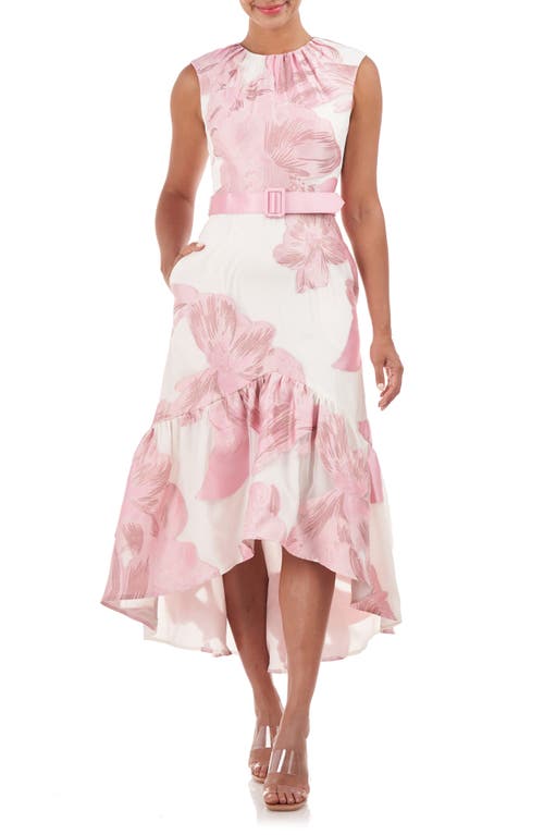 Kay Unger Beatrix Belted Floral High-Low Cocktail Dress in Pale Pink