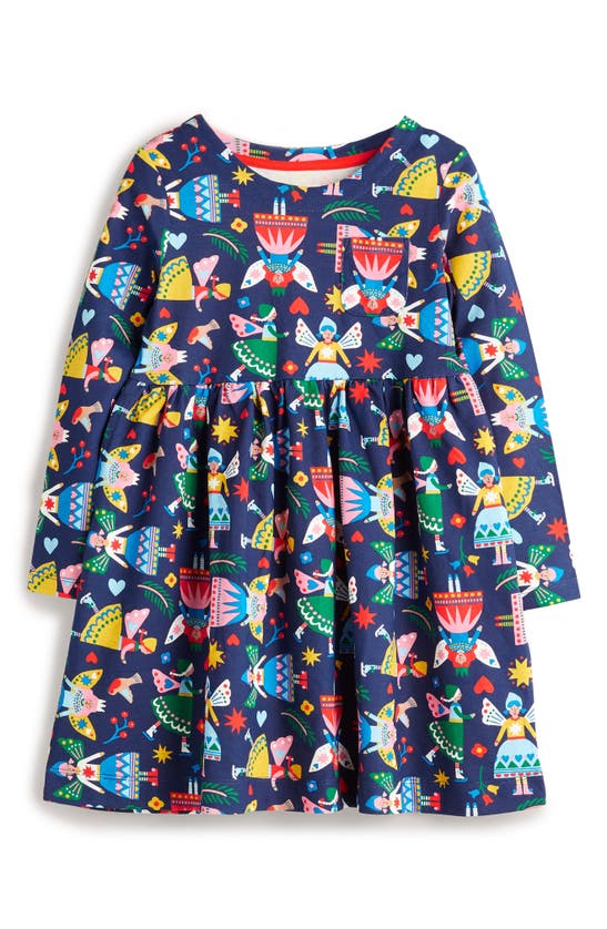 Mini Boden Kids' Fun Bunny Print Long Sleeve Cotton Jersey Dress In Starboard Mini Space