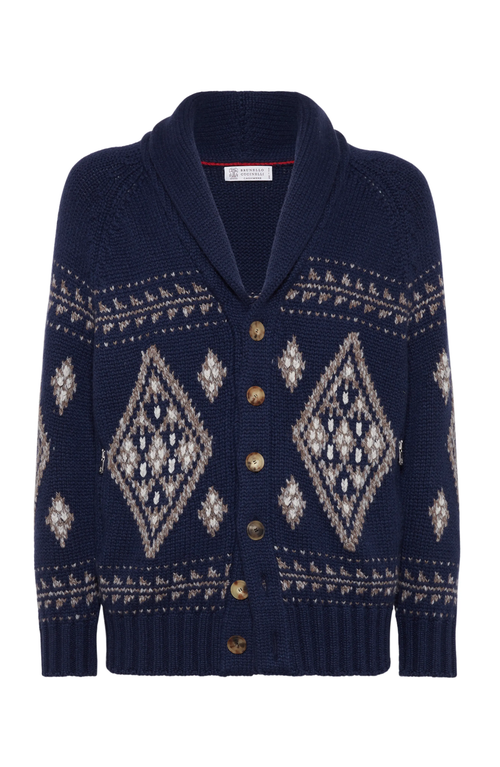 Shop Brunello Cucinelli Cashmere Jacquard Cardigan In Indigo