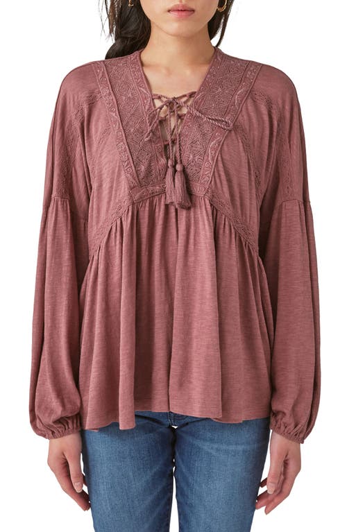 Lucky Brand Lace-Up Trim Peasant Top in Rose Brown at Nordstrom, Size X-Small