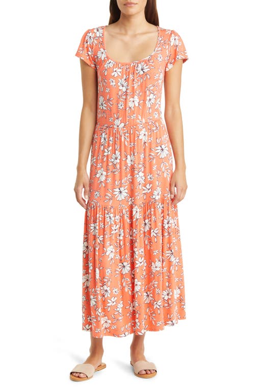 Loveappella Floral Tiered Jersey Midi Dress Coral at Nordstrom,