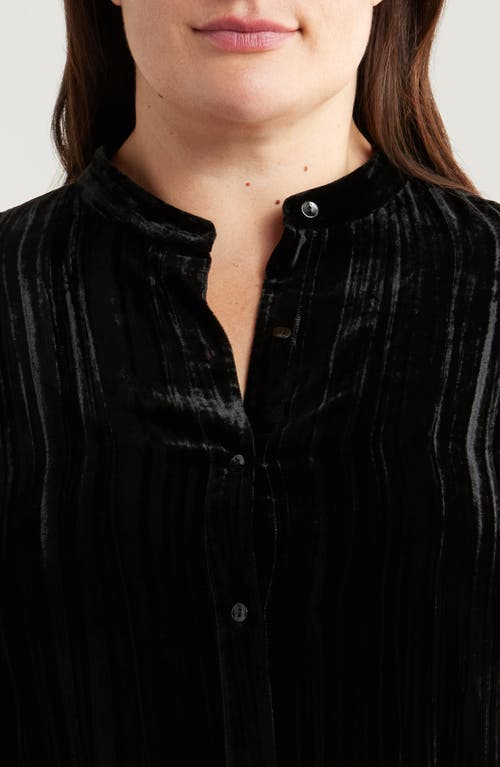 Shop Eileen Fisher Crushed Velvet Band Collar Button-up Shirt In Black