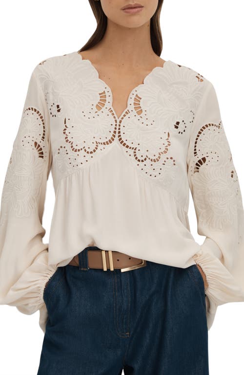 Reiss Noa Embroidered Eyelet Blouson Sleeve Top In Cream