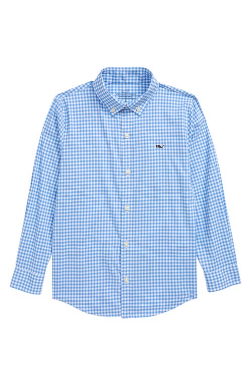 vineyard vines Kids' Gingham Performance Whale Button-Down Shirt in Cornflower at Nordstrom, Size 5