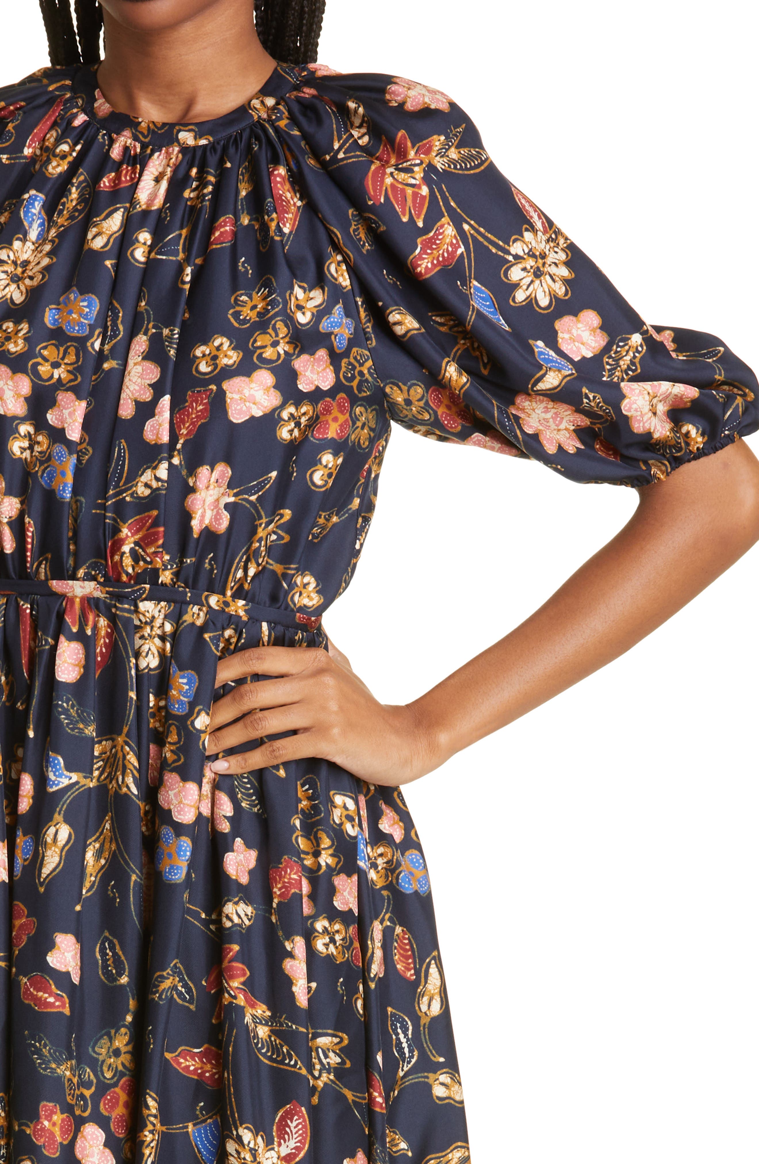 Ulla Johnson Cybil Floral Print Puff Sleeve Silk Midi Dress in Odessa at Nordstrom, Size 6