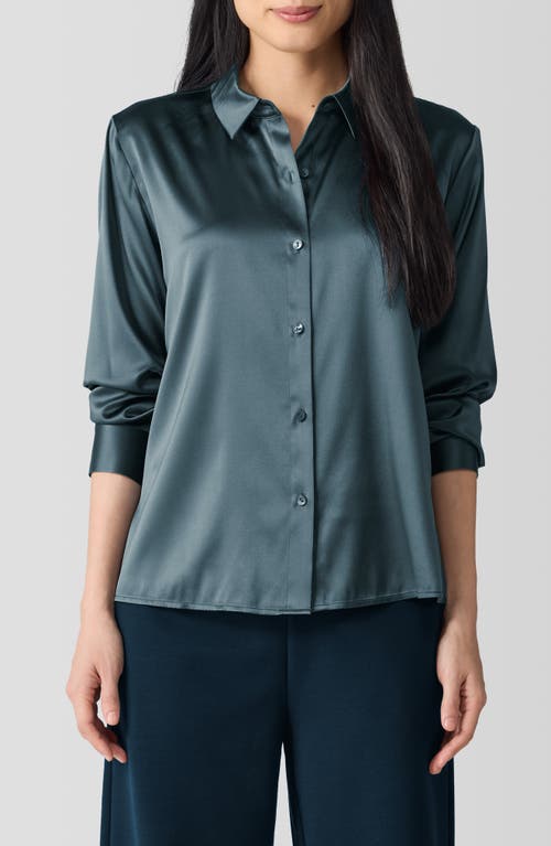 Shop Eileen Fisher Classic Collar Stretch Silk Button-up Shirt In Eucalyptus