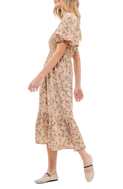 August Sky Floral Smocked Short Sleeve Midi Dress In Mocha Multi