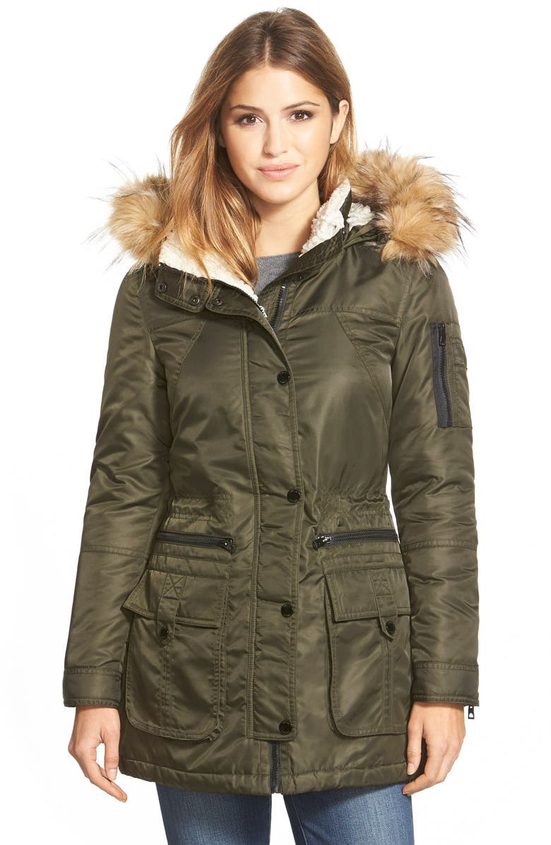 GUESS Satin Flight Parka with Removable Faux Fur Trim Hood & Faux ...