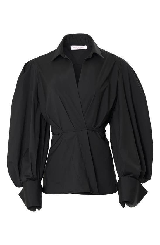 Shop Carolina Herrera Bishop Sleeve Cotton Blend Wrap Top In Black