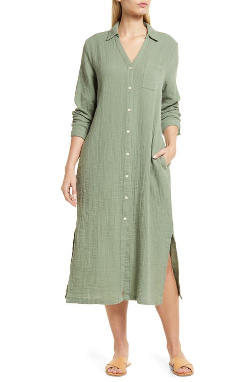 Caslon(R) Cotton Gauze Long Sleeve Midi Shirtdress in Green Dune