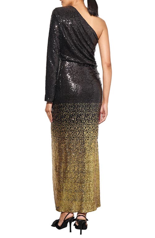 Shop Ming Wang Ombré Sequin One-shoulder Gown In Black/gold