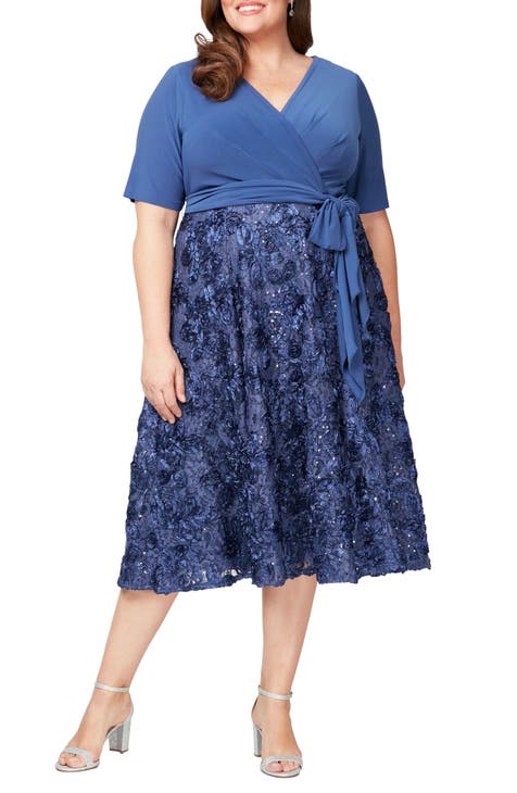Tea Length Jersey & Rosette Lace Dress (Plus Size)