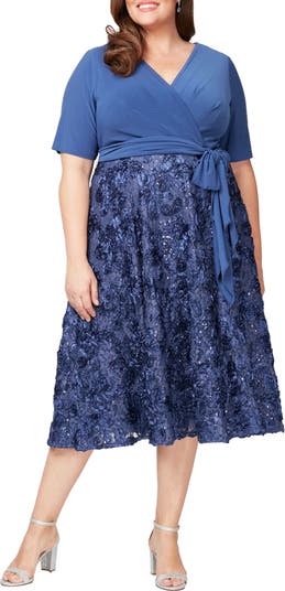 Tea Length Jersey & Rosette Lace Dress