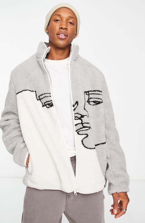 Oversize Face Print High Pile Fleece Jacket in White