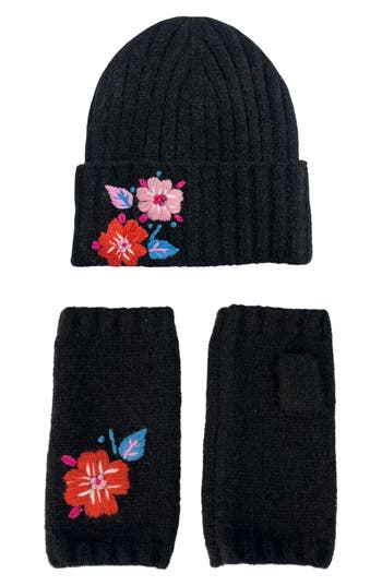 Marcus Adler Floral Beanie & Arm Warmers Set In Black