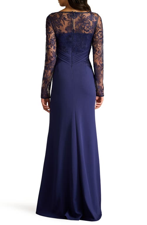 Tadashi Shoji Floral Embroidery Long Sleeve Mixed Media Gown In Notte
