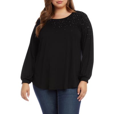 Plus Size Karen Kane Rhinestone Shirttail Top, Black