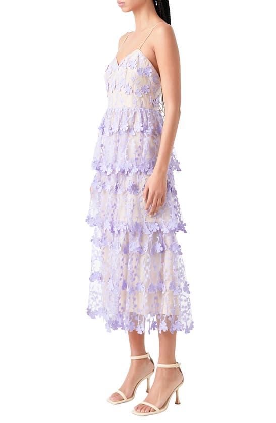 Shop Endless Rose Floral Embroidered Tiered Lace Midi Dress In Lilac