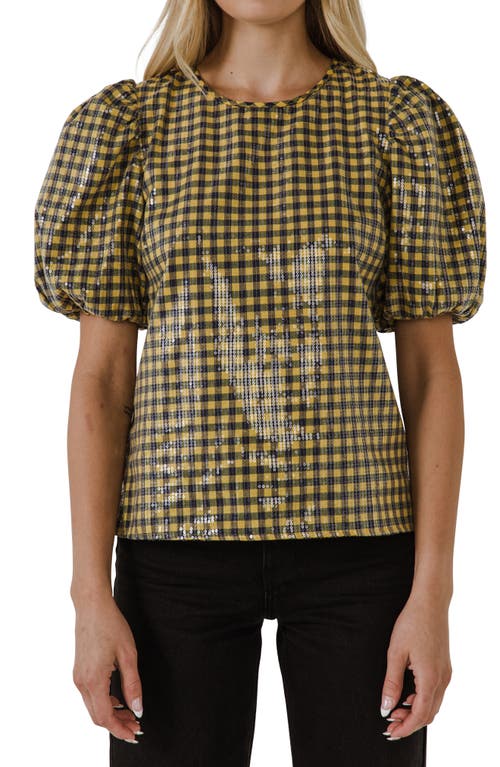 Shop English Factory Sequin Gingham Top In Yellow/navy