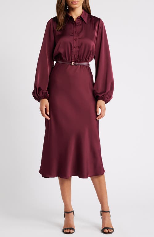 Shop Sam Edelman Fluid Long Sleeve Satin Midi Shirtdress In Wine