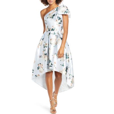 Chi Chi London Eliot Floral One-Shoulder High/low Satin Twill Cocktail Dress, Blue