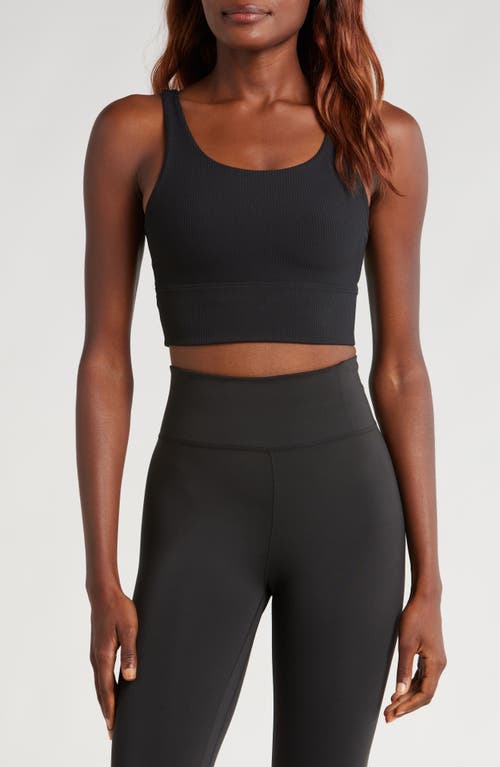 Shop Nike Zenvy Rib Dri-fit Longline Sports Bra In Black/black/pcg3c