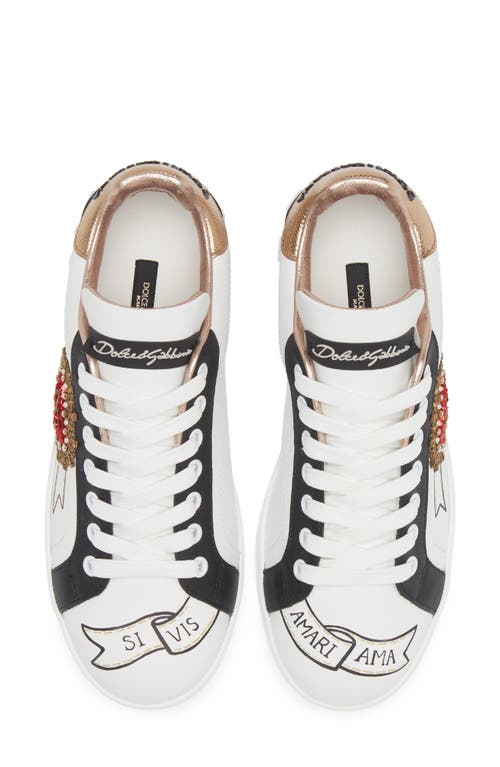 Dolce & Gabbana Calfskin Portofino Sneakers With Embroidery In Embroidery- White/gold