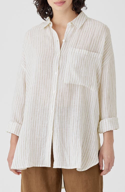 Eileen Fisher Stripe Classic Collar Organic Linen Button-up Shirt In White/bronze