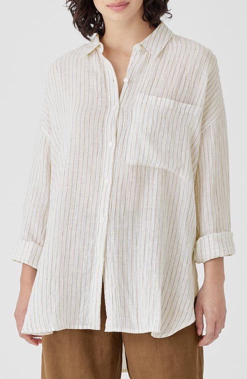 Shop Eileen Fisher Stripe Classic Collar Organic Linen Button-up Shirt In White/bronze