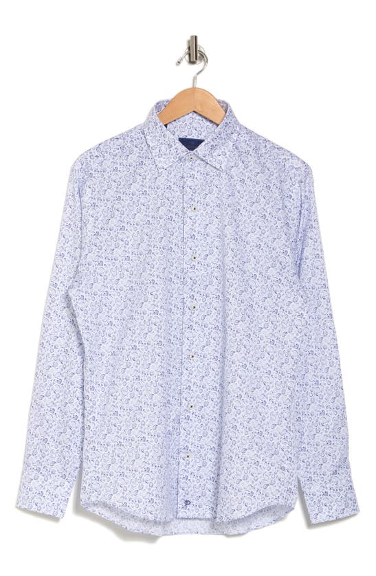 David Donahue Paisley Casual Cotton Twill Button-up Shirt In White/ Navy