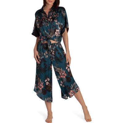Midnight Bakery Floral Print Satin Crop Pajamas, Green