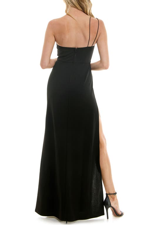 Shop Speechless Rhinestone Fringe One-shoulder Gown In Black/silver