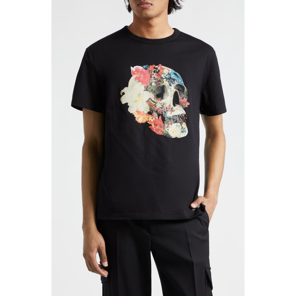 Alexander Mcqueen Floral Skull Graphic T-shirt In Black/white/red