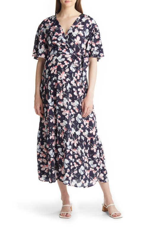 Floral Faux Wrap Maternity Maxi Dress in Navy