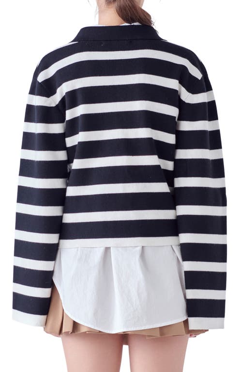 Shop English Factory Stripe Crop Polo Sweater In Black/white