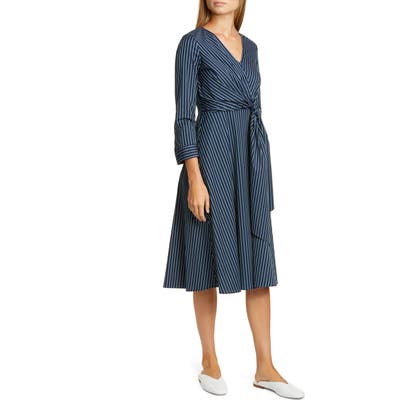 Lafayette 148 New York Penelope Stripe Faux Wrap Midi Dress, Blue