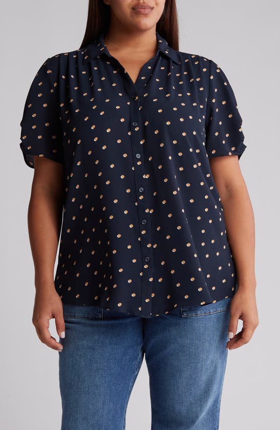 Adrianna Papell Gathered Short Sleeve Button-up Shirt In Navy Khaki Double Dot