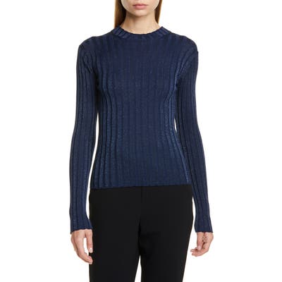 Vince Metallic Thread Ribbed Mock Neck Wool Blend Sweater, Blue