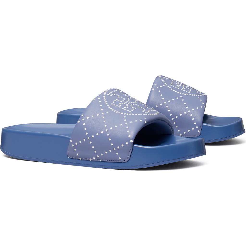 Tory Burch Double T Slide Pool Sandals In Saphire/jeans Blue