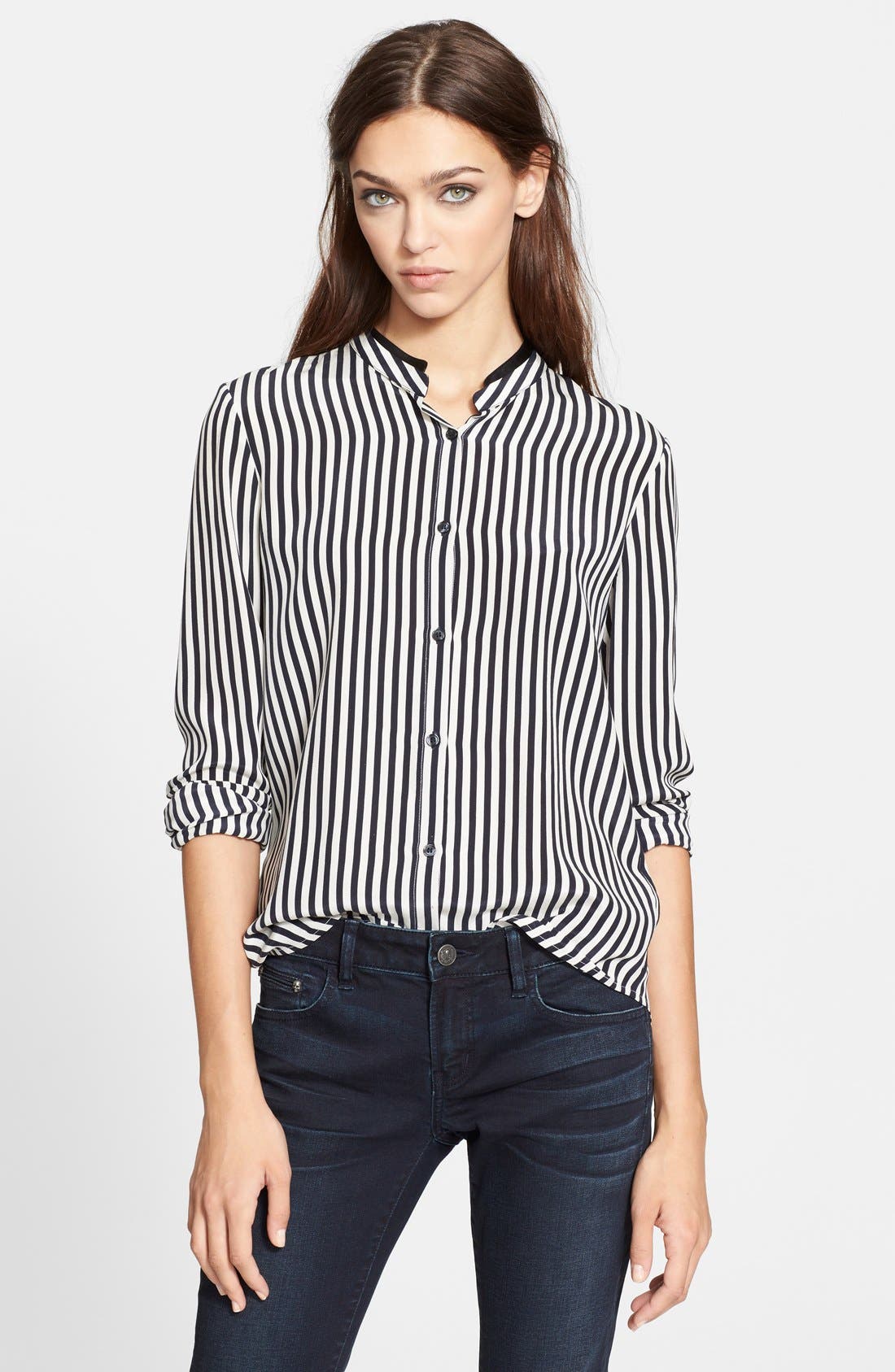 The Kooples Stripe Silk Blouse with Leather Trimmed Collar Nordstrom