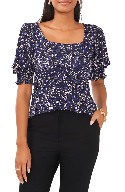 Chaus Leopard Square Neck Smocked Sleeve Blouse in Black/Blue