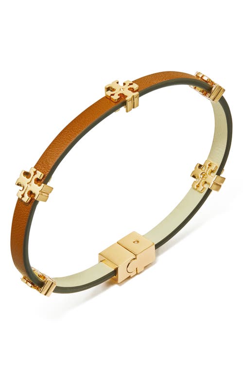 Shop Tory Burch Eleanor Station Hinge Bracelet In Tory Gold/cuoio