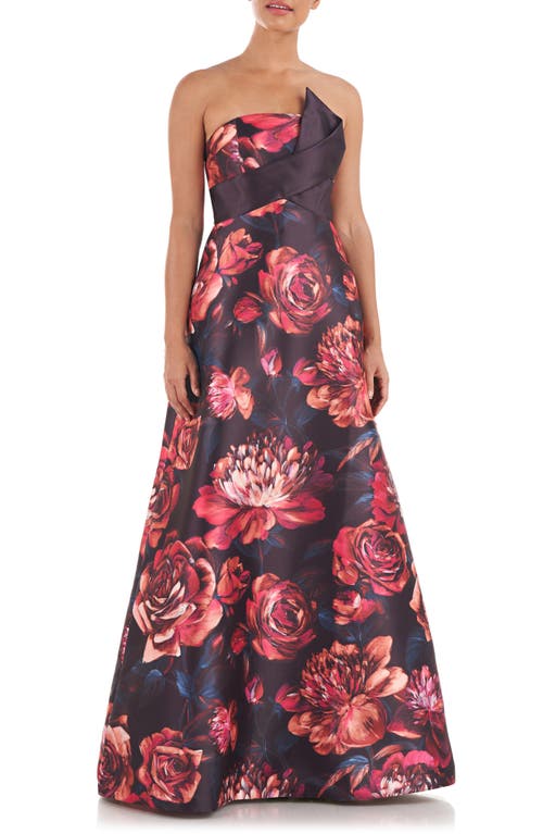Kay Unger Edith Floral Strapless A-Line Gown in Desert Rose Multi